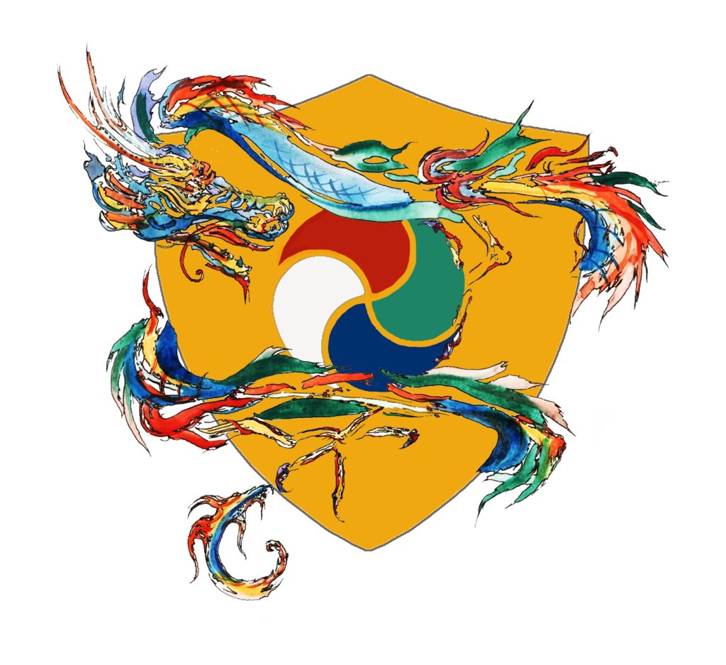 A dragon surrounding a shield with a central circle made up of earth, air, fire and water
